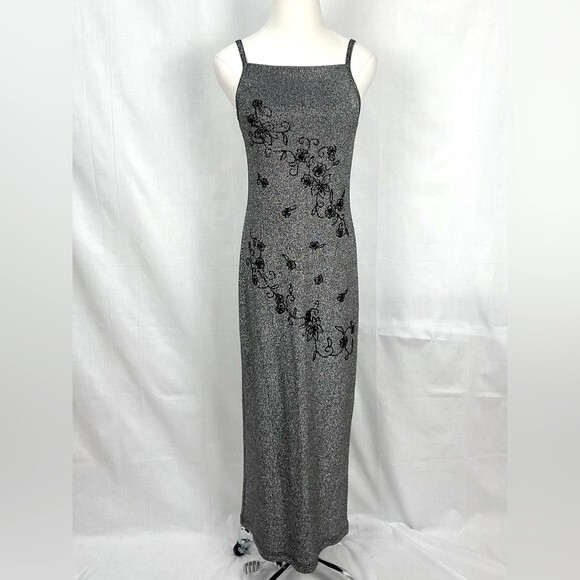 Vintage Silver Maxi Slip Dress 90's Jr Sz 9/10 Beaded Metallic Sparkle Stretch - Picture 1 of 7